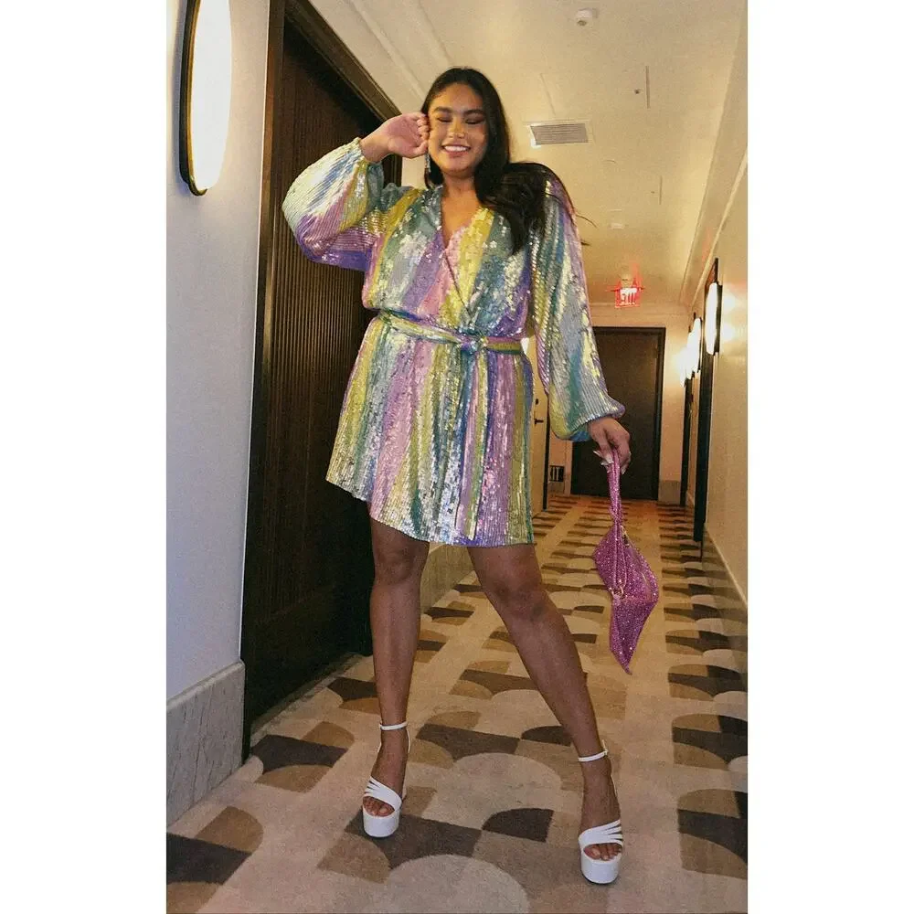 Show Me Your Mumu Wear Me Out Dress In Rainbow Stripe Sequins S - Picture 13 of 13